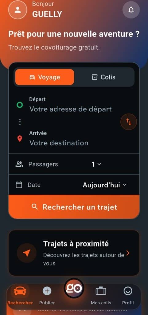 Application Onivaa — recherche de covoiturage